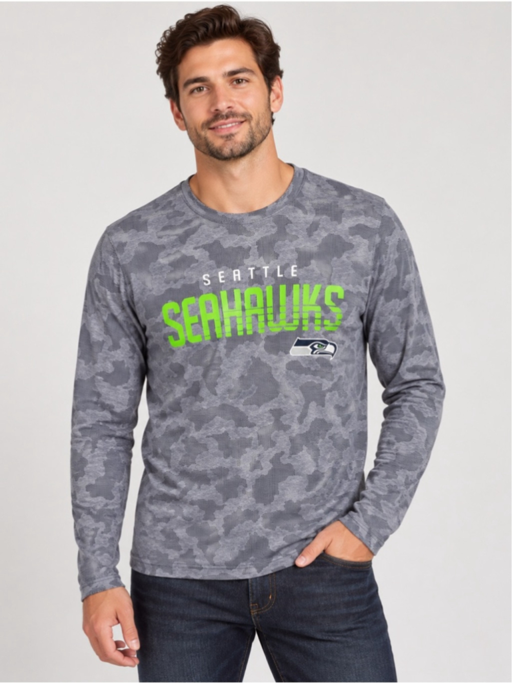 MSX Gray Camo Long-Sleeve Seattle Seahawks Crewneck Shirt Size M NFL Athleisure